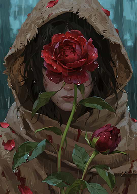 Mysterious Figure with Crimson Peony in a Rainy, Painterly Scene