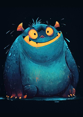 Happy Blue Monster Cartoon Illustration