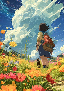 Girl Backpack Flower Field