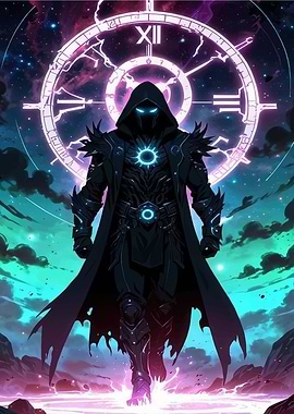 Hooded Figure with Clock Background