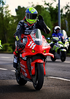 Motorcycle Racer Waving on Red Bike