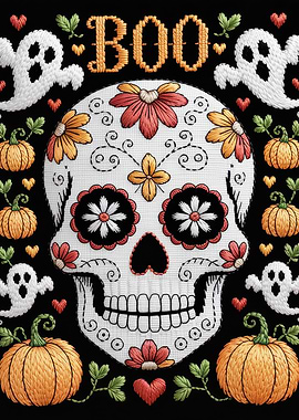 Halloween Embroidery Skull with Pumpkins and Ghosts