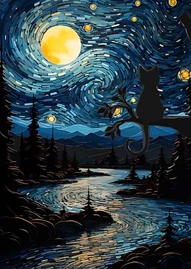 Starry Night Cat Landscape