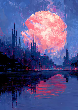 Futuristic Cityscape with Red Moon Reflection