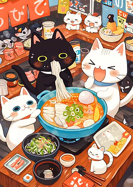 Cats eating ramen at a restaurant
