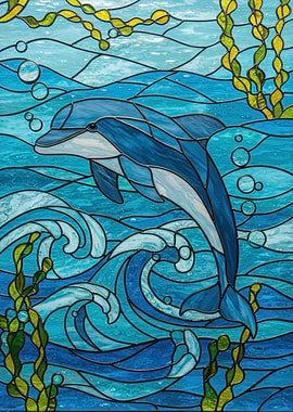Stained Glass Dolphin in Ocean Scene