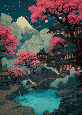Japanese Village with Cherry Blossoms