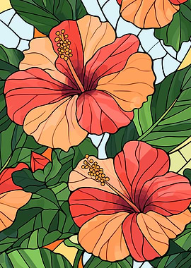 Hibiscus Flowers Stained Glass Style