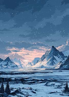 Snowy Mountain Landscape at Dusk