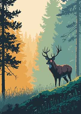 Deer in Forest with Glowing Eyes