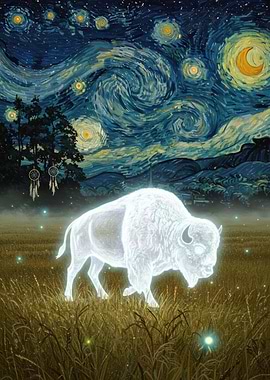 White Buffalo in Starry Night Style