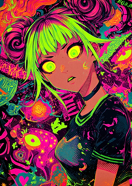 Neon Anime Girl with Psychedelic Background