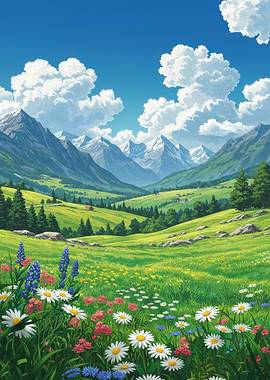 Alpine Meadow with Mountains and Flowers