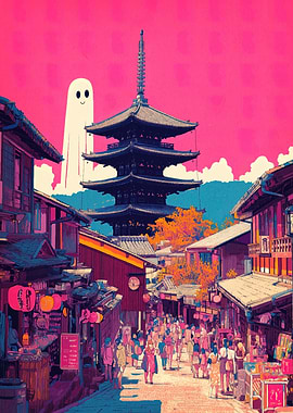 Japanese Street Scene with Ghost