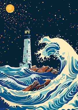 Lighthouse and Waves at Night
