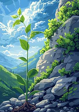 Sprout on Rocky Hillside Landscape