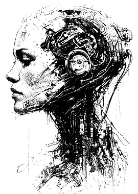 Cyborg Woman Black and White Art
