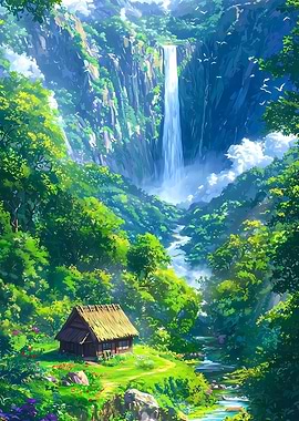 Lush Waterfall Landscape with Cottage
