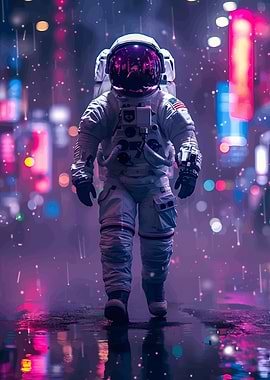 Astronaut in Neon Cityscape
