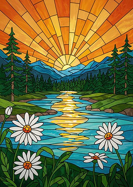 Stained Glass Landscape with Daisies