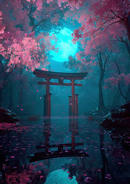 Torii Gate in Cherry Blossom Forest