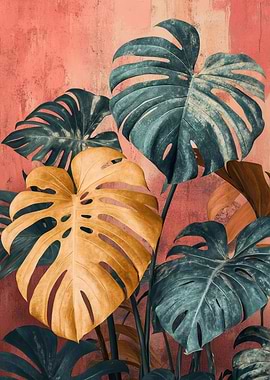 Monstera Leaves on Textured Background | Tropical Sunset Monstera Poster