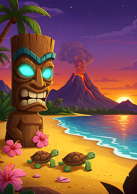 Tropical Beach with Tiki and Volcano