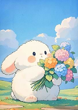 Cute Bunny Flowers Field