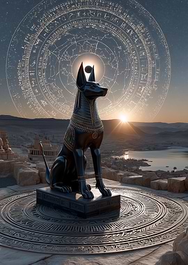 Anubis Statue with Hieroglyphic Circle