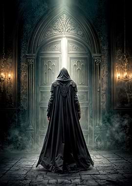 Mysterious Figure Before Ornate Doorway