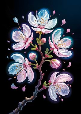 Cherry Blossom Branch on Black Background