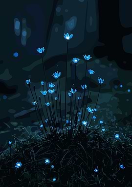 Glowing Blue Flowers in Dark Forest