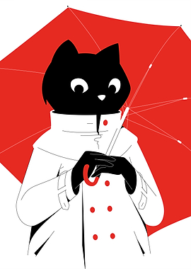 Black Cat with Red Umbrella