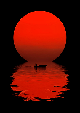 Red Sun Boat Reflection
