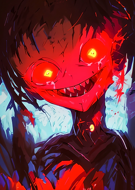 Creepy Red Anime Character with Sharp Teeth