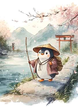 Penguin Traveler in Japanese Landscape