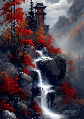 Autumn Waterfall with Japanese Pagoda