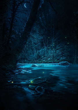 Mystical Night Forest River
