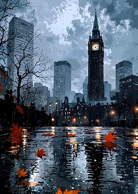 Rainy London cityscape with autumn leaves