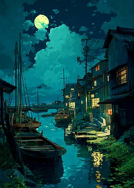 Nighttime Canal Scene with Boats