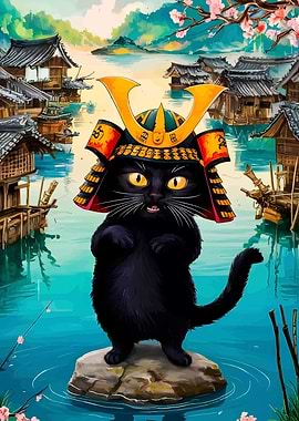 Samurai Cat in Japanese Village