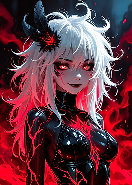 Anime Girl with Red Eyes and Feathers