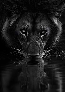 Lion Drinking Water Black and White