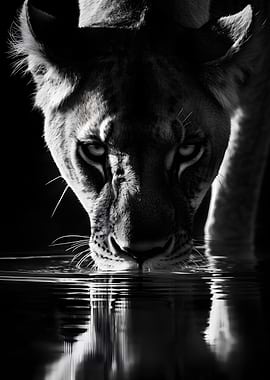Lioness Drinking Water - Black and White
