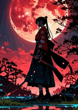 Samurai Woman Under Red Moon