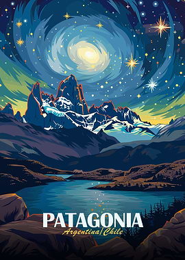 Patagonia Landscape with Starry Night Sky