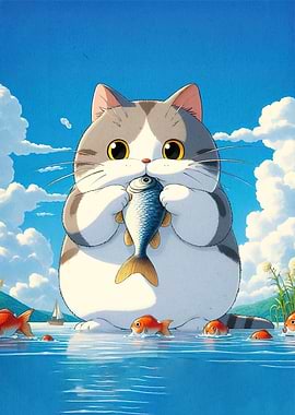 Cartoon Cat Fish Water