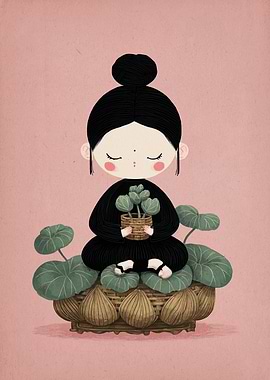 Girl Meditating with Plant on Lotus