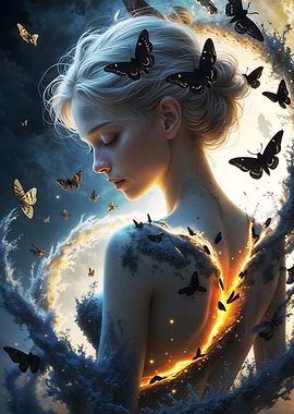 Woman with Butterflies and Glowing Light
