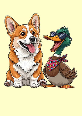 Corgi and Duck Cartoon Illustration